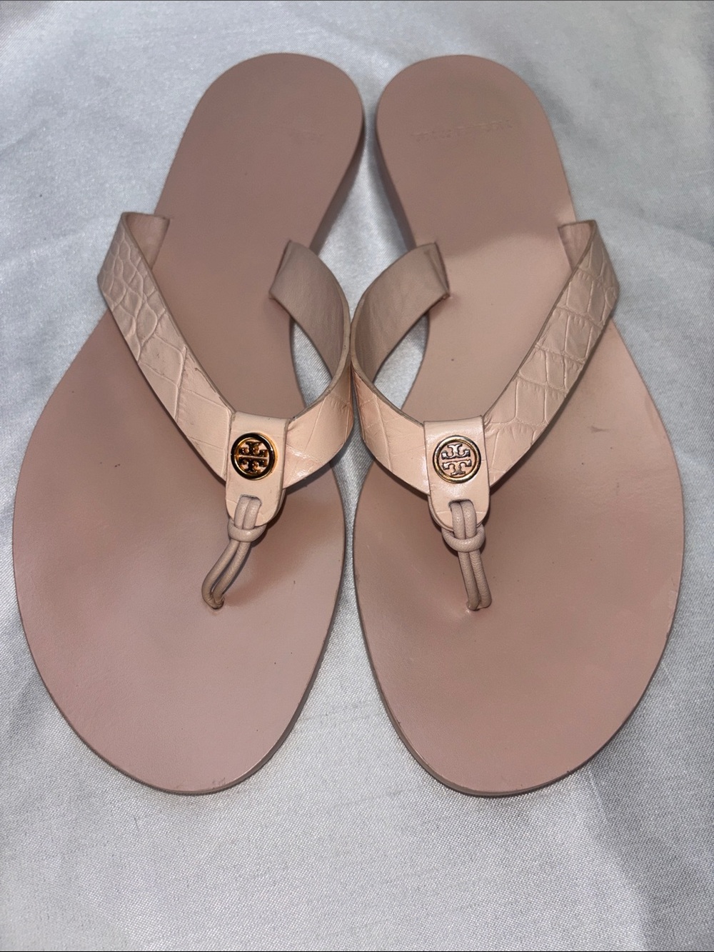 Tory Burch Blush Croc-Embossed Thong Sandals with Gold Logo